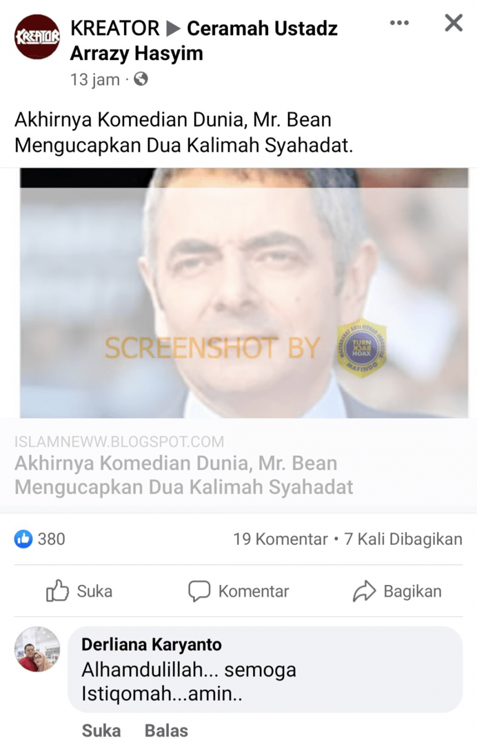 Hoaks! Aktor Mr Bean Masuk Islam